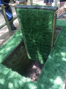 Replica of a hunting trap. The trap would normally be half-covered in water so the spikes are hidden. 